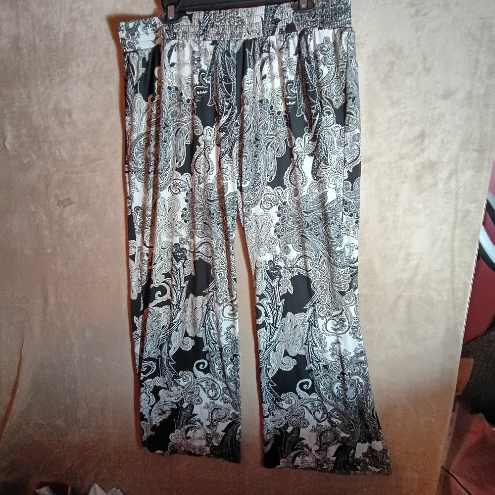 Ellen Weaver Women Stretch Wide Leg Pants Black Paisley with Gold Streaks 2X